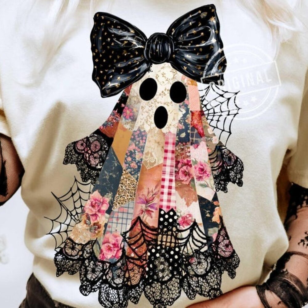 Patchwork Ghost Tee, Lace Ghost Tee, Retro Hallow… - image 2